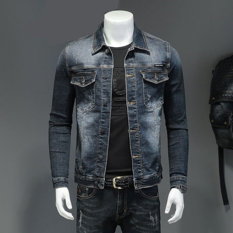Forårs Denimjakke Mænd Jeans Frakke Bomuld Elasticitet Turndown-krave Langærmet Slankt Tøj Grå Blå Bomber - Sort