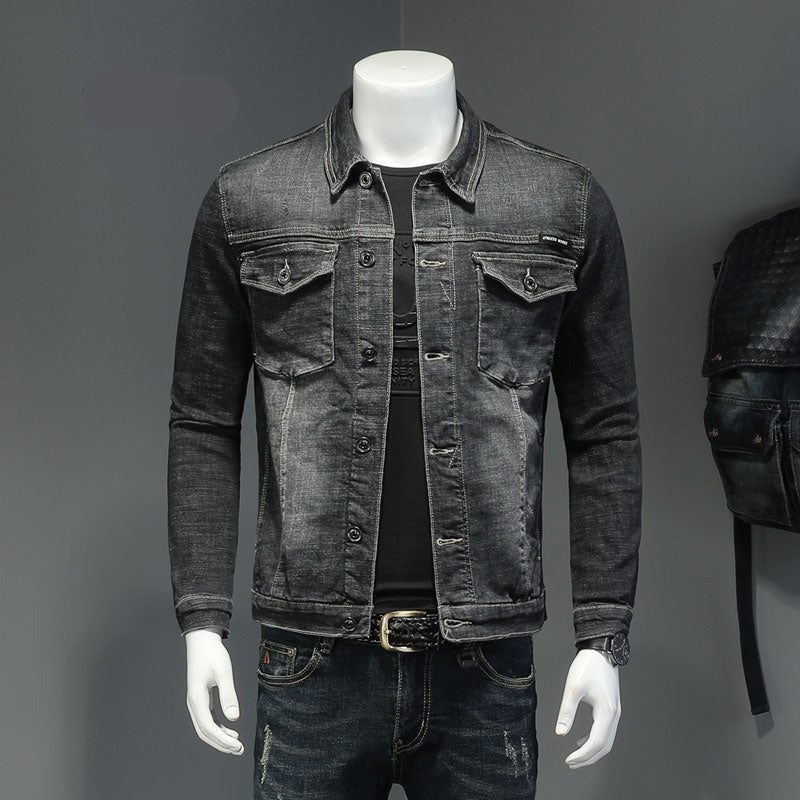 Forårs Denimjakke Mænd Jeans Frakke Bomuld Elasticitet Turndown-krave Langærmet Slankt Tøj Grå Blå Bomber - Sort