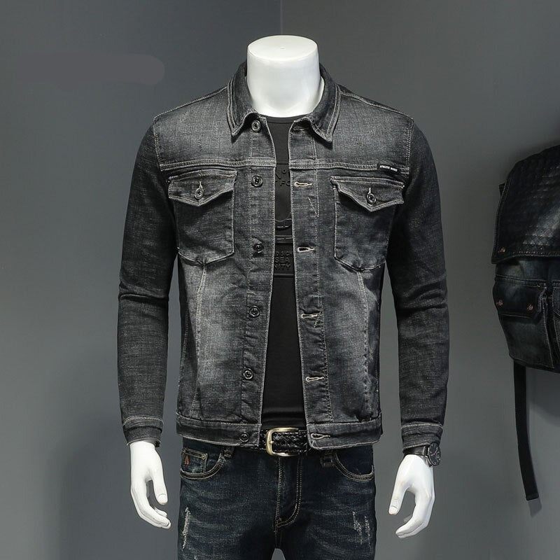 Forårs Denimjakke Mænd Jeans Frakke Bomuld Elasticitet Turndown-krave Langærmet Slankt Tøj Grå Blå Bomber - Sort