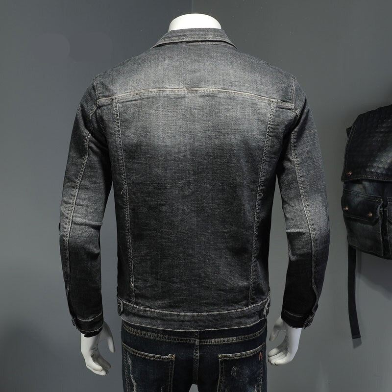 Forårs Denimjakke Mænd Jeans Frakke Bomuld Elasticitet Turndown-krave Langærmet Slankt Tøj Grå Blå Bomber - Sort