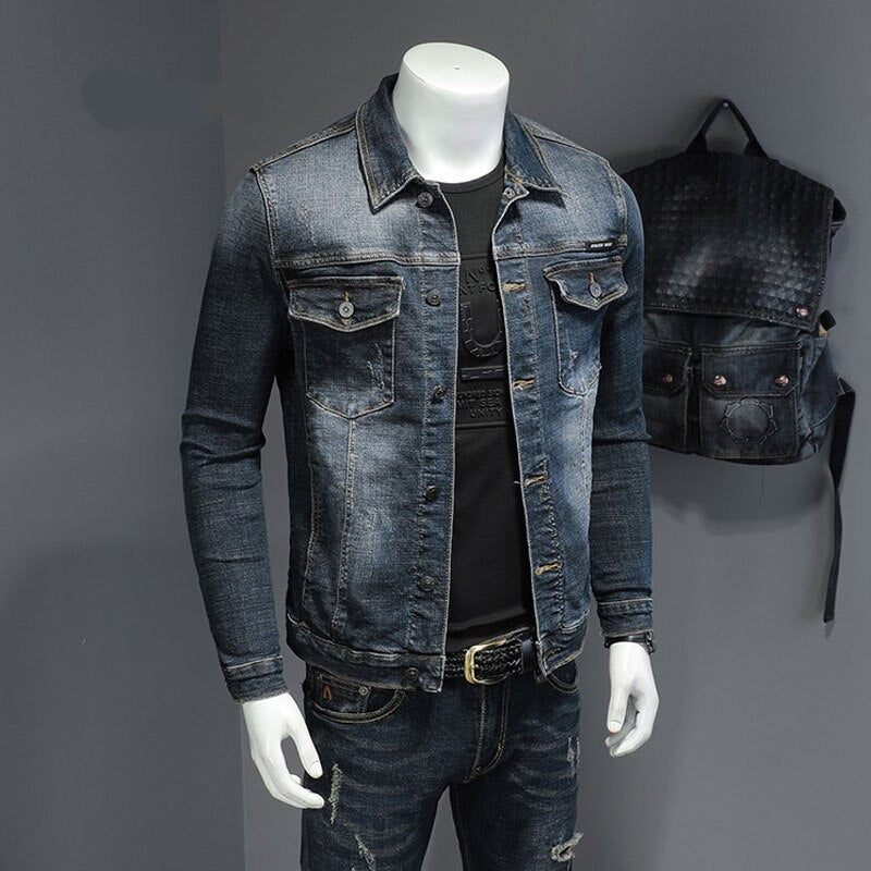 Forårs Denimjakke Mænd Jeans Frakke Bomuld Elasticitet Turndown-krave Langærmet Slankt Tøj Grå Blå Bomber - Sort