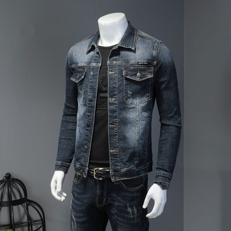 Forårs Denimjakke Mænd Jeans Frakke Bomuld Elasticitet Turndown-krave Langærmet Slankt Tøj Grå Blå Bomber - Sort