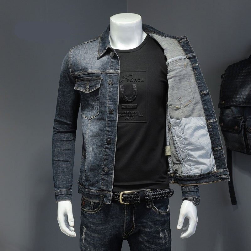 Forårs Denimjakke Mænd Jeans Frakke Bomuld Elasticitet Turndown-krave Langærmet Slankt Tøj Grå Blå Bomber - Sort