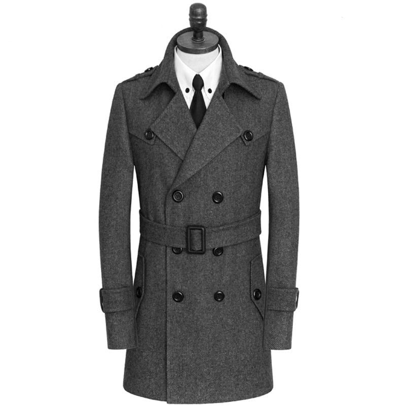 Herre Uldne Jakker Elegant Dobbelt Knap Trenchcoat Stilfuld Åndbar Vindjakke I Uldblandinger - Sort
