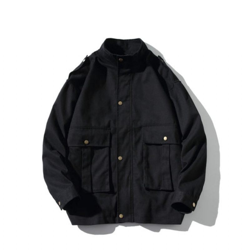 Mænd Streetwear Cargo-jakke Med Flere Lommer Efterår Herre Bomuldsjakke Casual Overalls Herrejakke - Sort