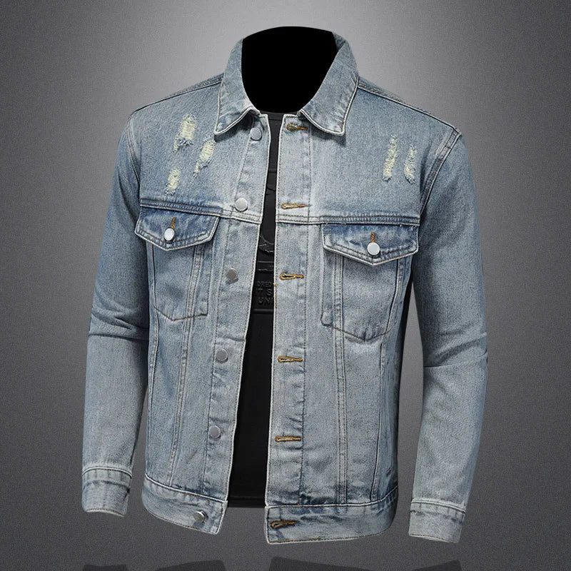 Smuk Trend Alt Med Boutique Simple Ripped Męski Płaszcz Dżinsowy Mænd Four Seasons - Vasket Blå