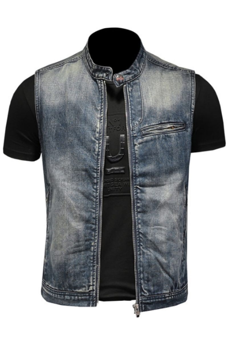 Sommer Retro Jeanjakke Mænds Denimvest Frakker Blå Slank Standkrave Lynlås Ærmeløs Motorcykel Vest Cowboy