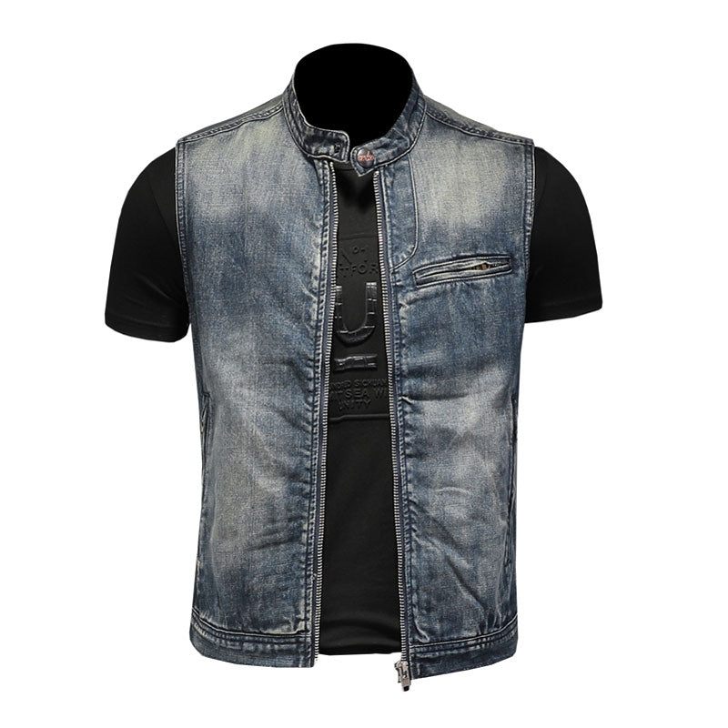 Sommer Retro Jeanjakke Mænds Denimvest Frakker Blå Slank Standkrave Lynlås Ærmeløs Motorcykel Vest Cowboy - Blå