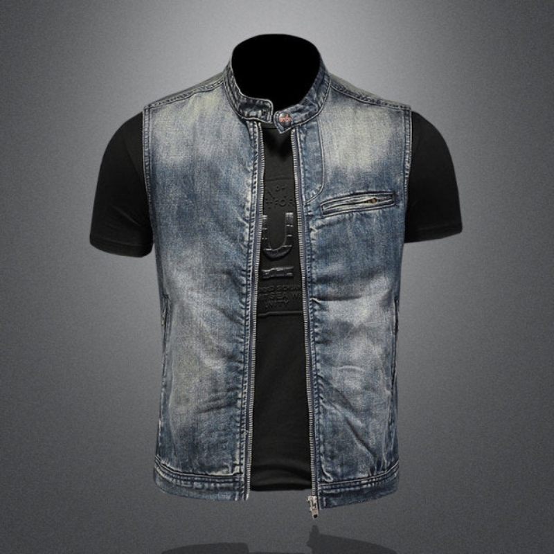 Sommer Retro Jeanjakke Mænds Denimvest Frakker Blå Slank Standkrave Lynlås Ærmeløs Motorcykel Vest Cowboy - Blå
