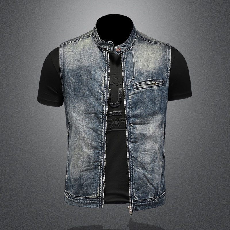 Sommer Retro Jeanjakke Mænds Denimvest Frakker Blå Slank Standkrave Lynlås Ærmeløs Motorcykel Vest Cowboy - Blå