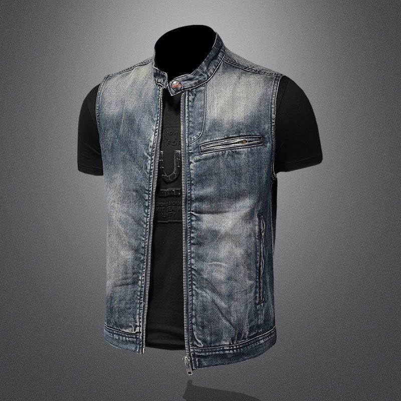 Sommer Retro Jeanjakke Mænds Denimvest Frakker Blå Slank Standkrave Lynlås Ærmeløs Motorcykel Vest Cowboy - Blå
