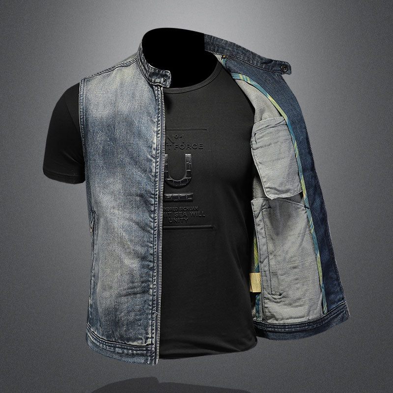 Sommer Retro Jeanjakke Mænds Denimvest Frakker Blå Slank Standkrave Lynlås Ærmeløs Motorcykel Vest Cowboy - Blå