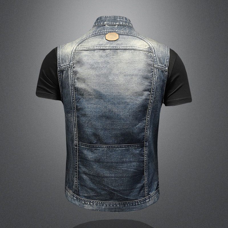 Sommer Retro Jeanjakke Mænds Denimvest Frakker Blå Slank Standkrave Lynlås Ærmeløs Motorcykel Vest Cowboy - Blå