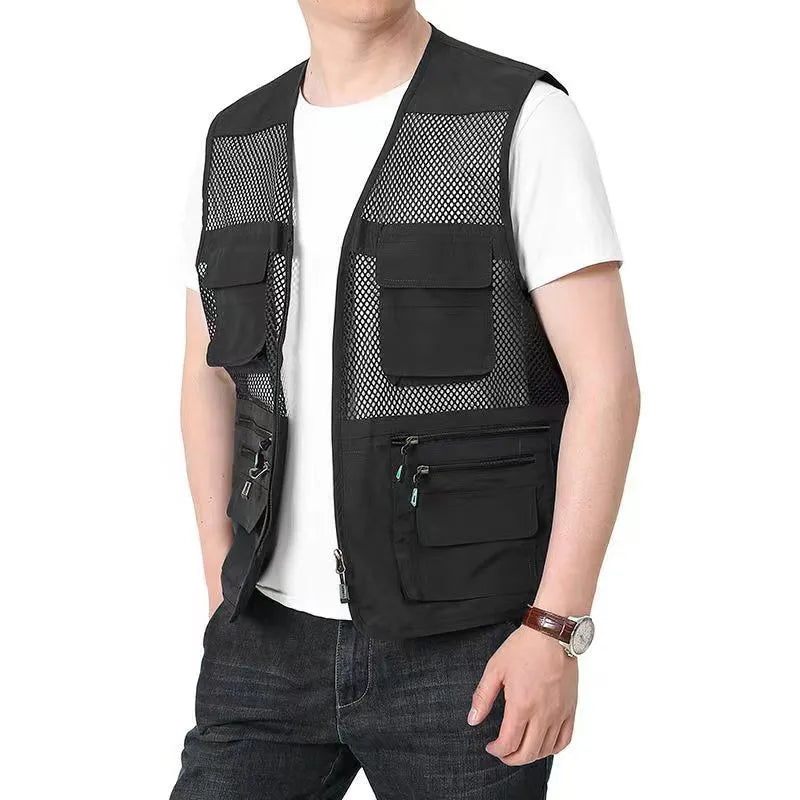 Sommer Tynd Mesh Vest Udendørs Jakker Ærmeløs Casual Tactical Work Wear Campingveste - Sort