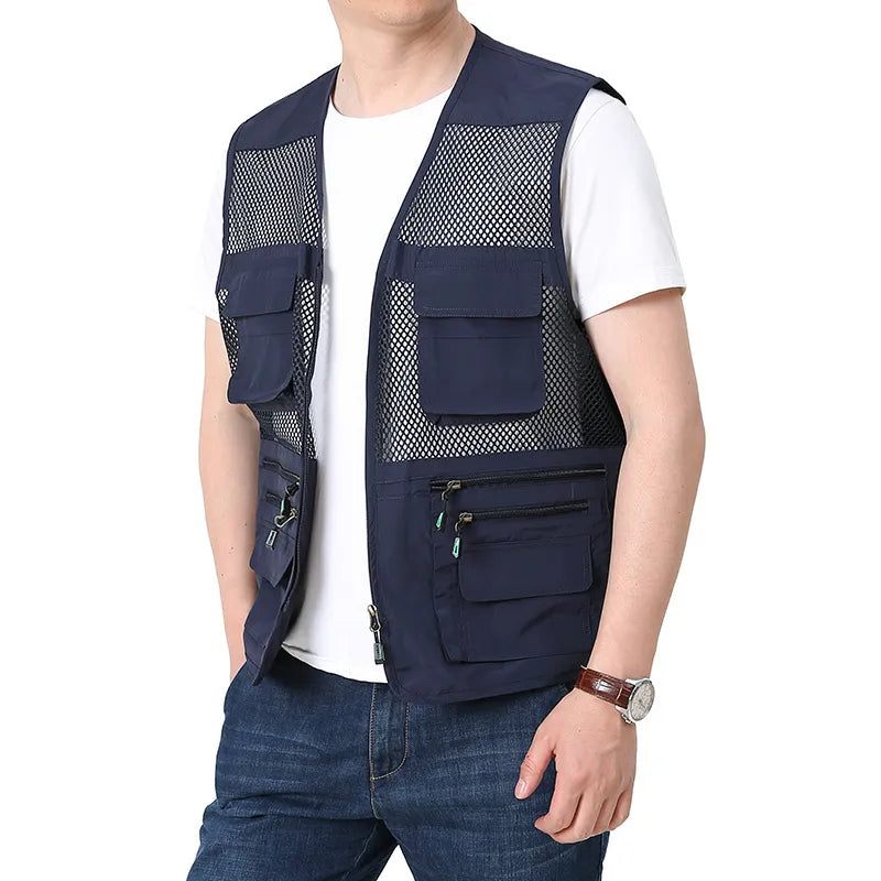 Sommer Tynd Mesh Vest Udendørs Jakker Ærmeløs Casual Tactical Work Wear Campingveste - Sort