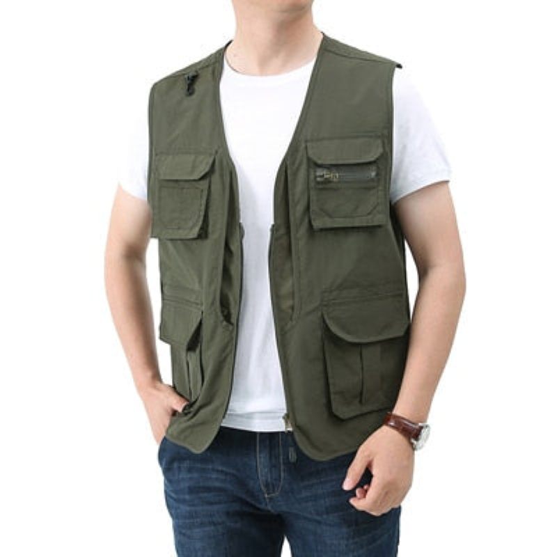 Summer Herre Klassiske Veste Åndbar Multi Pocket Mesh Vest Ærmeløse Jakker Man - Grøn