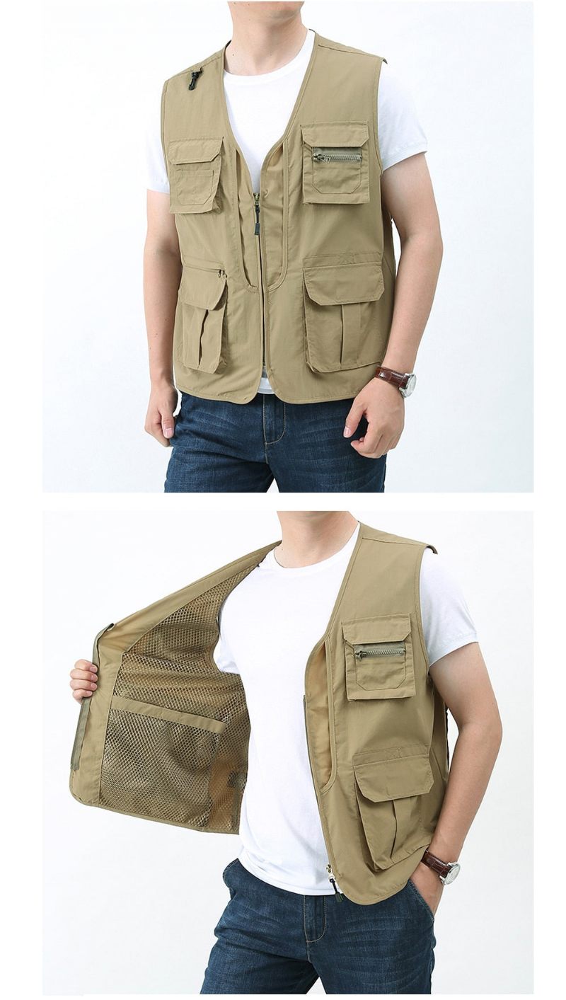 Summer Herre Klassiske Veste Åndbar Multi Pocket Mesh Vest Ærmeløse Jakker Man - Grøn