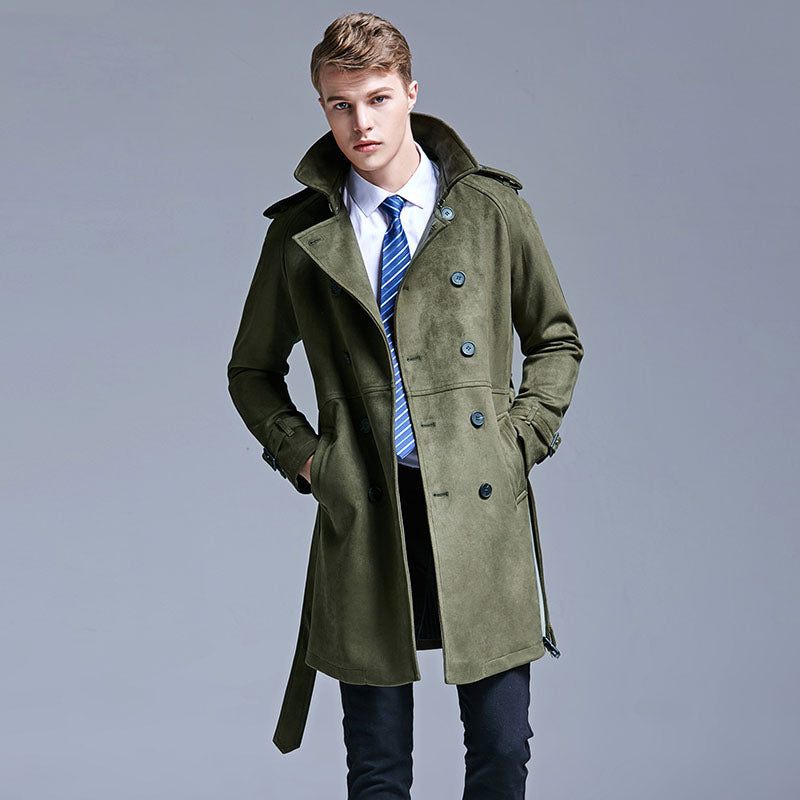 Trench Mænd Double Breasted Slim Coat Ensfarvet Lang Windbreaker Jakke - Mørkebrun