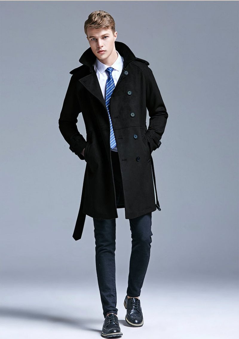 Trench Mænd Double Breasted Slim Coat Ensfarvet Lang Windbreaker Jakke - Mørkebrun