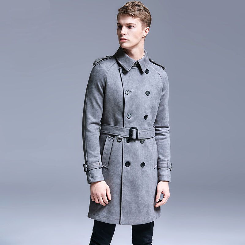 Trench Mænd Double Breasted Slim Coat Ensfarvet Lang Windbreaker Jakke - Mørkebrun