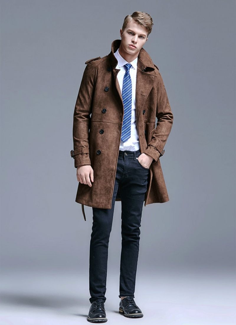 Trench Mænd Double Breasted Slim Coat Ensfarvet Lang Windbreaker Jakke - Mørkebrun