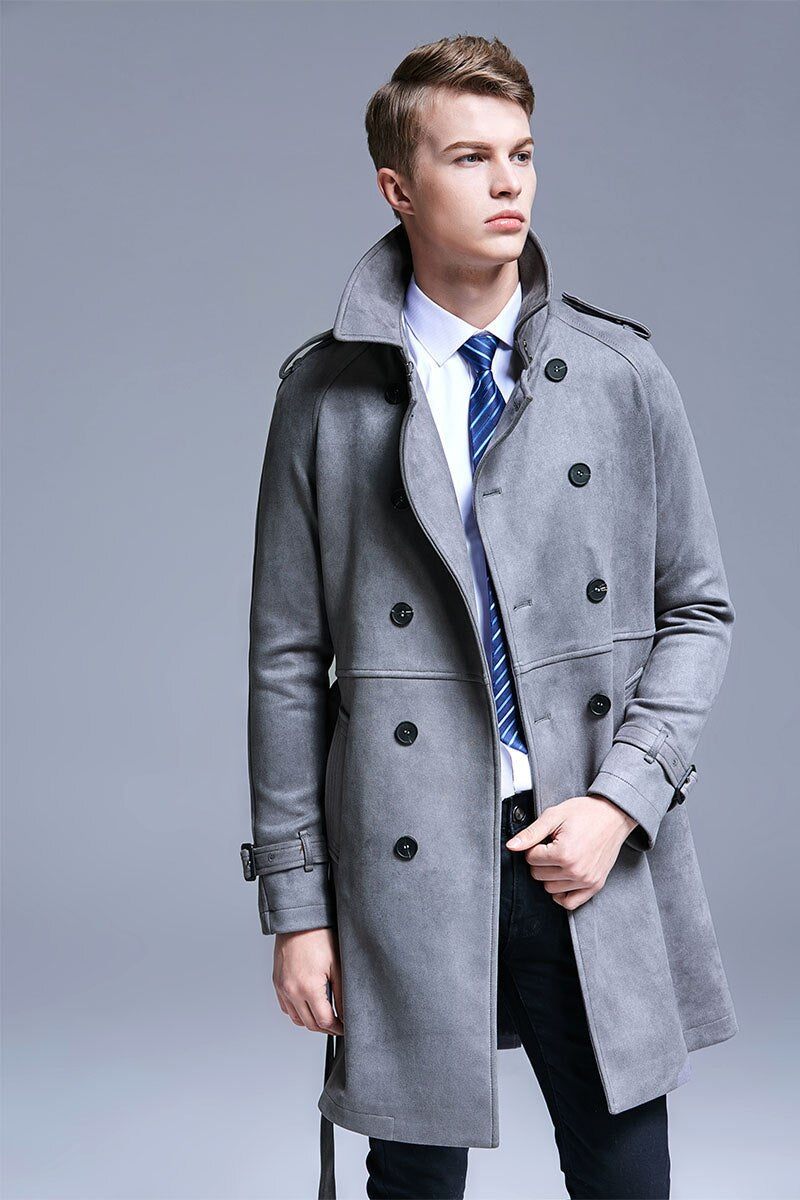 Trench Mænd Double Breasted Slim Coat Ensfarvet Lang Windbreaker Jakke - Mørkebrun
