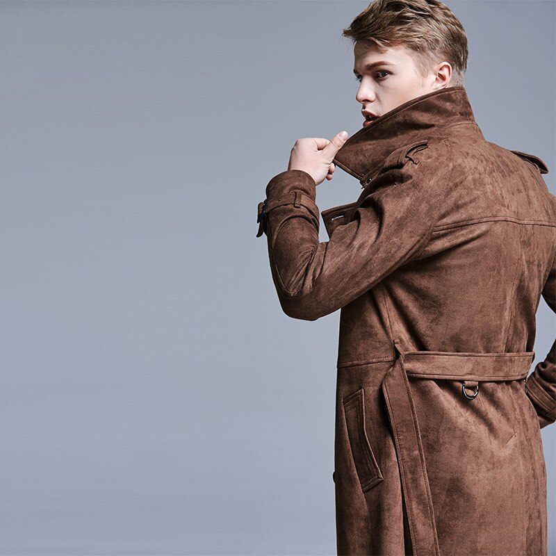 Trench Mænd Double Breasted Slim Coat Ensfarvet Lang Windbreaker Jakke - Mørkebrun