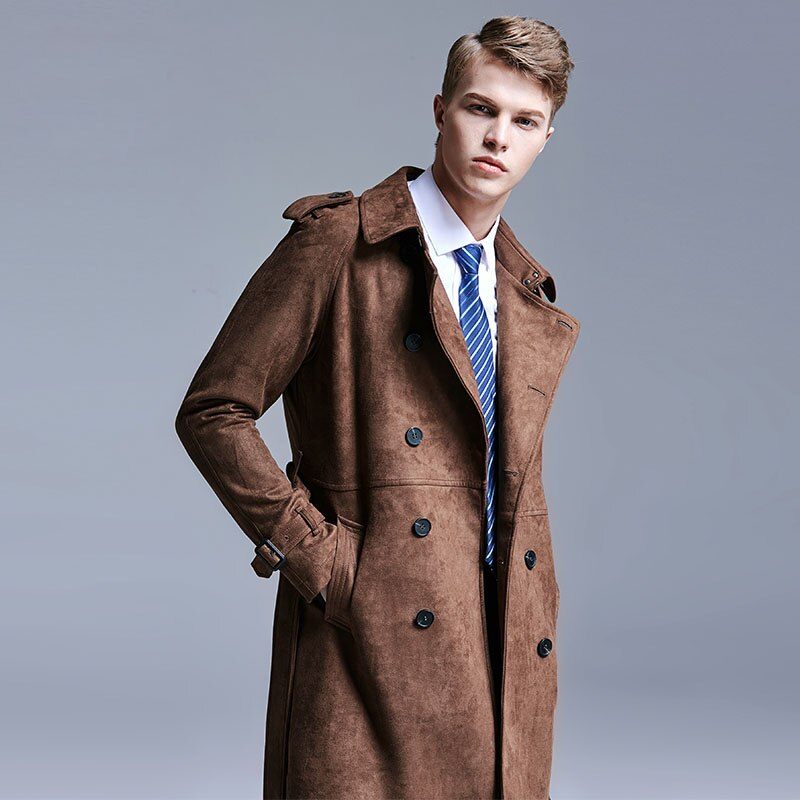 Trench Mænd Double Breasted Slim Coat Ensfarvet Lang Windbreaker Jakke - Mørkebrun