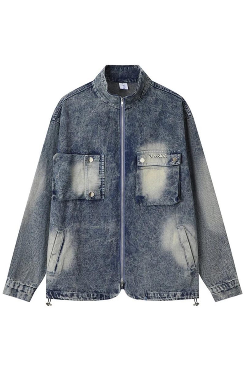 Vintage Cargo Denim Jakke Multi Lynlås Blå Jeans Mænd Oversized Hip Hop Streetwear