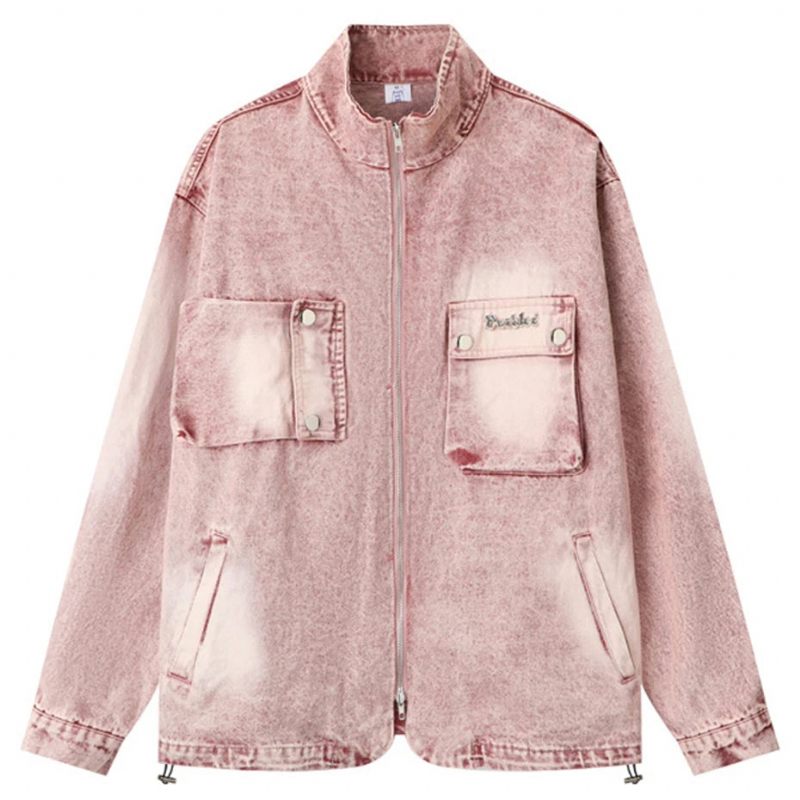 Vintage Cargo Denim Jakke Multi Lynlås Blå Jeans Mænd Oversized Hip Hop Streetwear - Blå