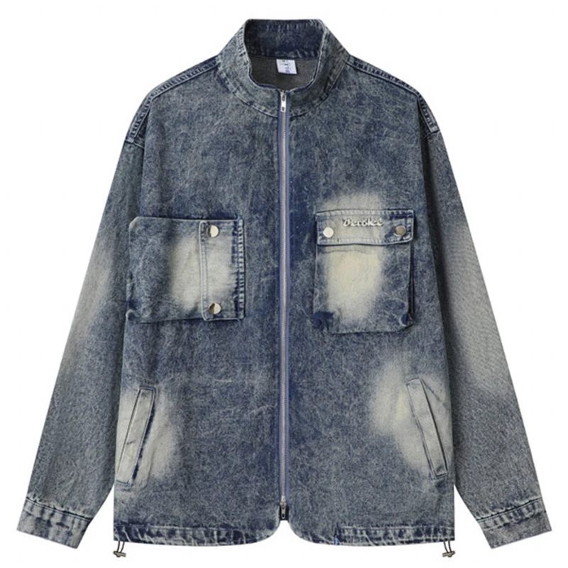 Vintage Cargo Denim Jakke Multi Lynlås Blå Jeans Mænd Oversized Hip Hop Streetwear - Blå