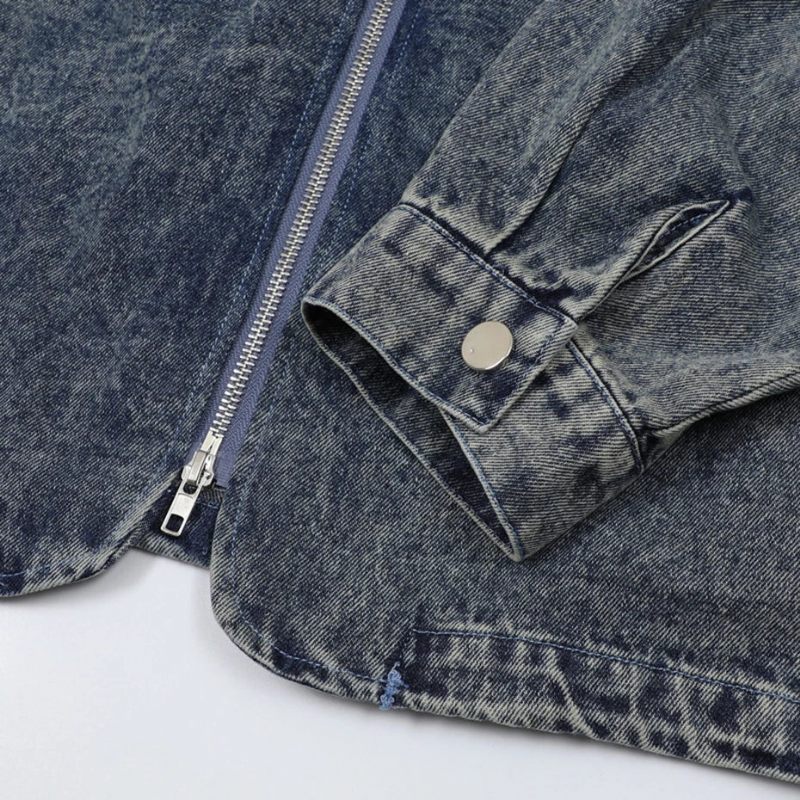 Vintage Cargo Denim Jakke Multi Lynlås Blå Jeans Mænd Oversized Hip Hop Streetwear - Blå