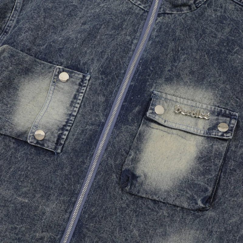 Vintage Cargo Denim Jakke Multi Lynlås Blå Jeans Mænd Oversized Hip Hop Streetwear - Blå