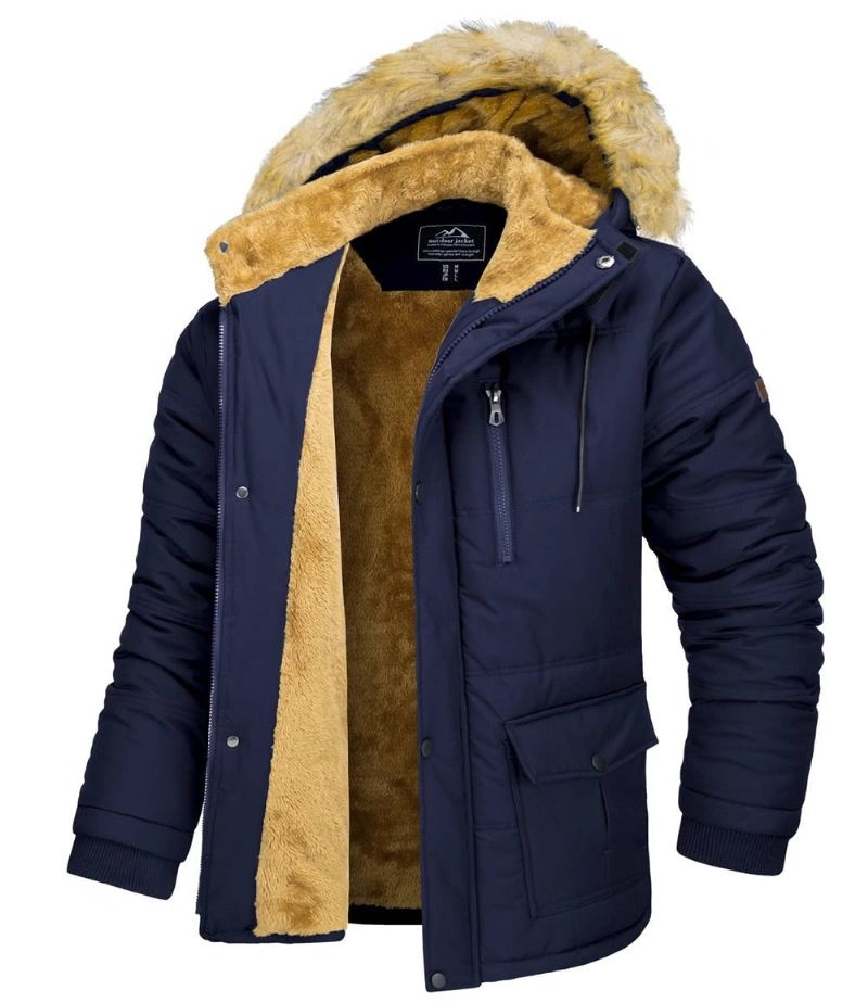 Vinterfleecefor Ski Snowboard Jakker Mænd Hættefrakker Aftagelig Hætte Vandreparka Casual Windbreaker Outwear - Sort