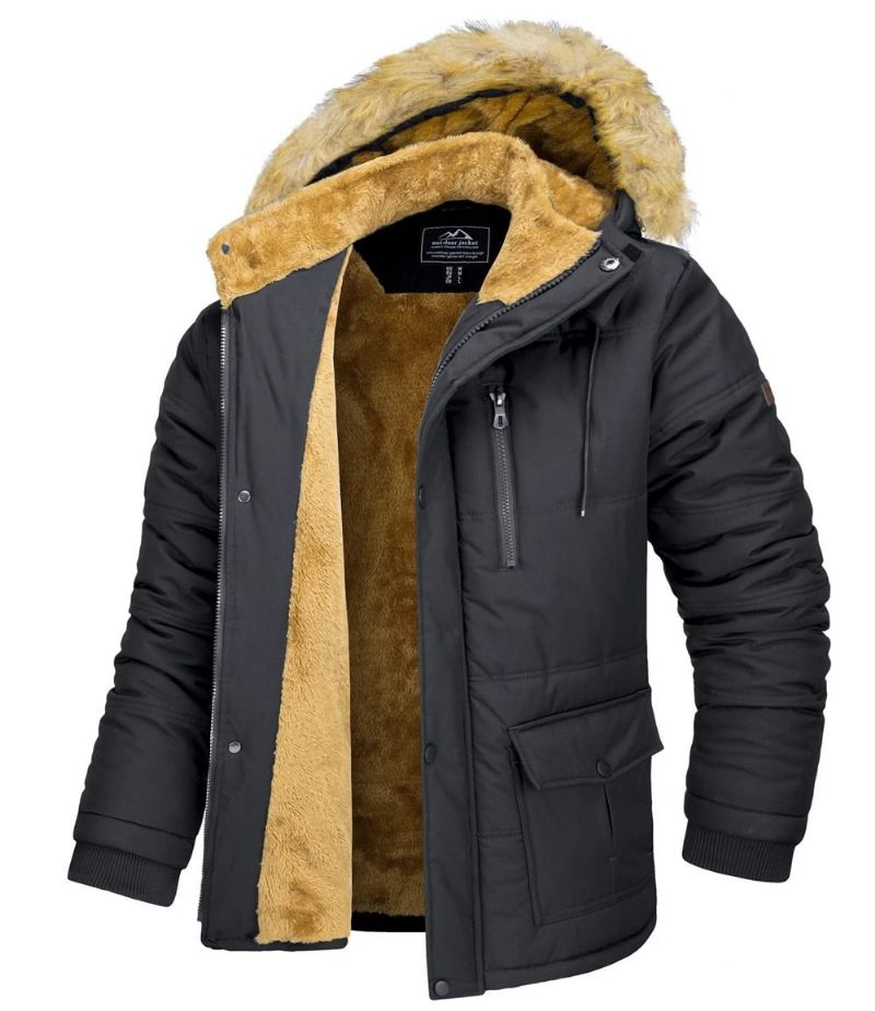 Vinterfleecefor Ski Snowboard Jakker Mænd Hættefrakker Aftagelig Hætte Vandreparka Casual Windbreaker Outwear - Sort