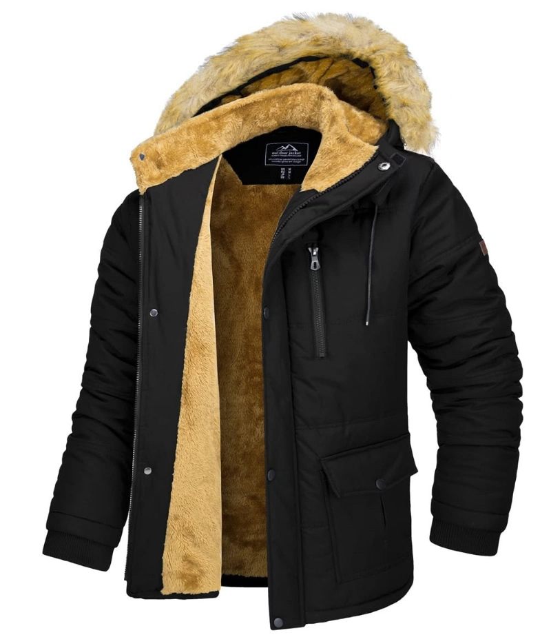 Vinterfleecefor Ski Snowboard Jakker Mænd Hættefrakker Aftagelig Hætte Vandreparka Casual Windbreaker Outwear - Sort
