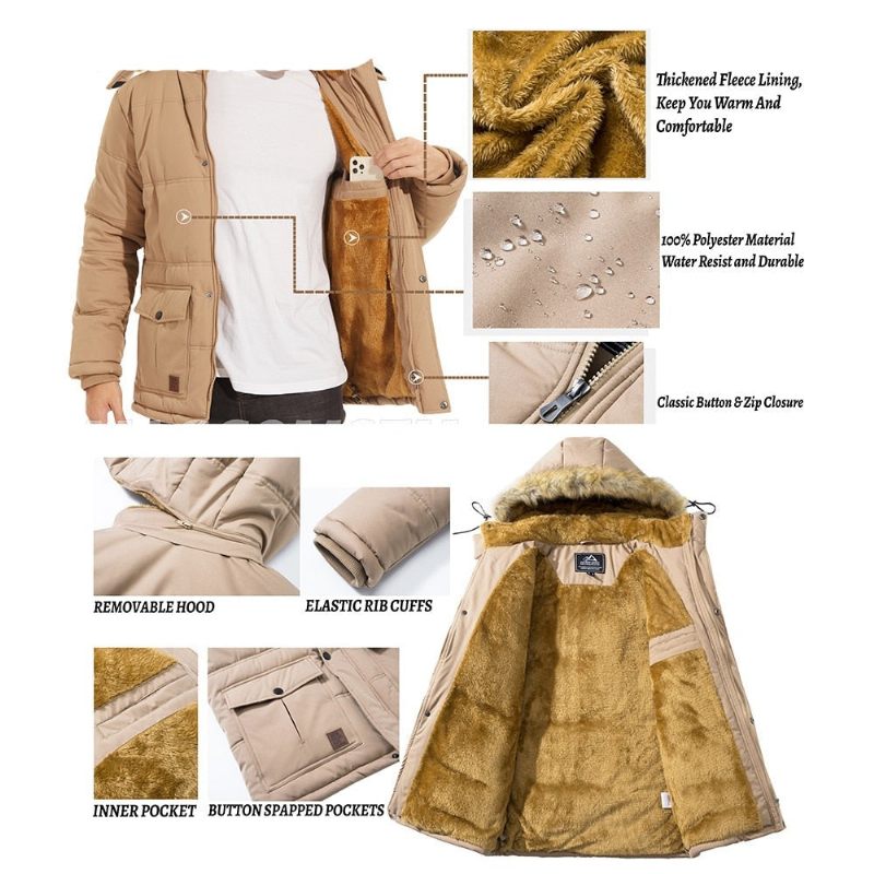 Vinterfleecefor Ski Snowboard Jakker Mænd Hættefrakker Aftagelig Hætte Vandreparka Casual Windbreaker Outwear - Sort
