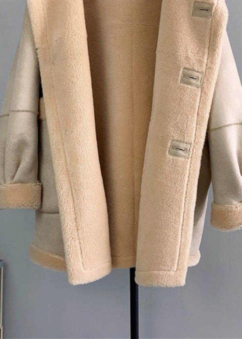 Abrikoslommer Knap Patchwork Ulde Hættetrøjer Outwear Vinter - Dame vinterfrakker