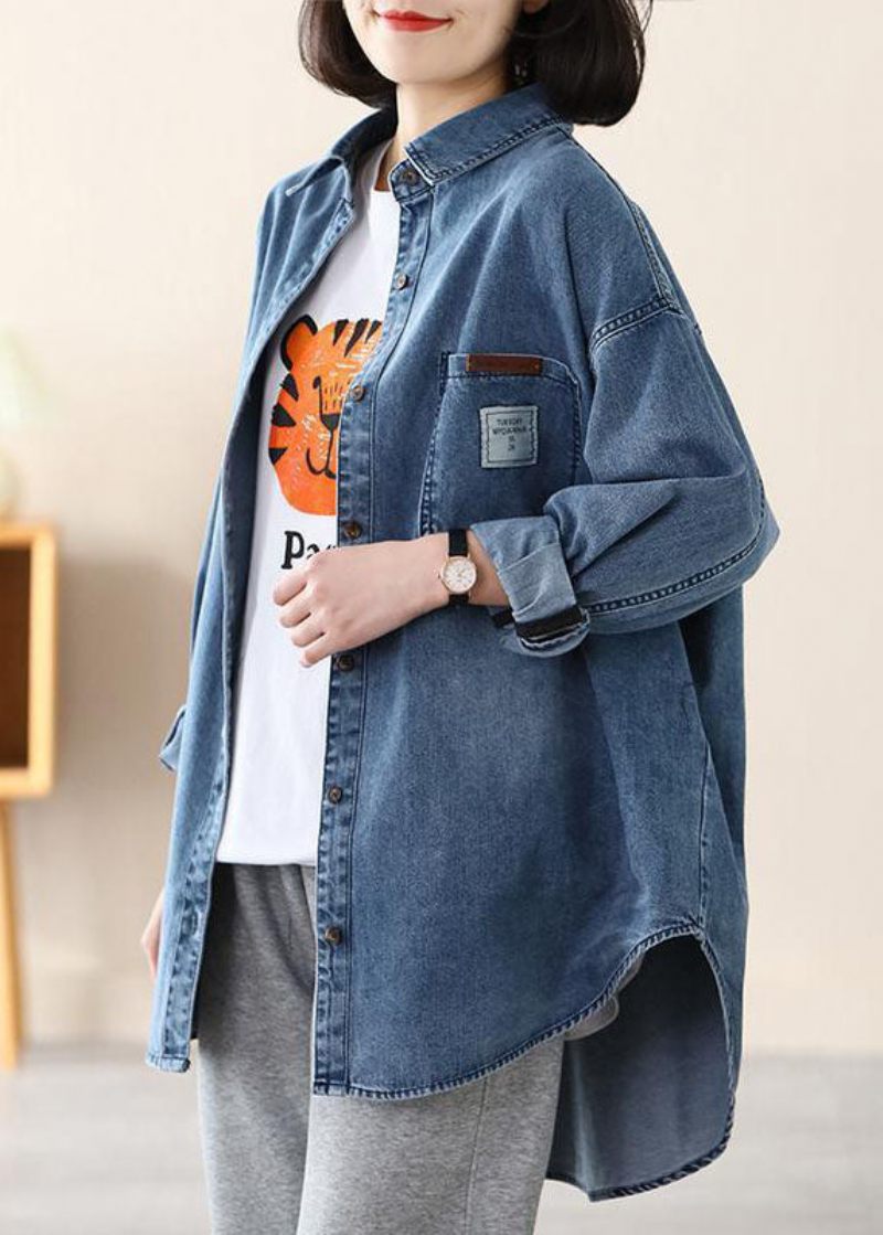 Afslappet Blå Peter Pan Krave Oversized Applique Bomuld Denim Coat Spring - Dame vinterfrakker