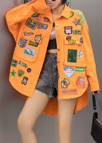 Afslappet Orange Lommer Grafisk Patchwork-denimfrakke