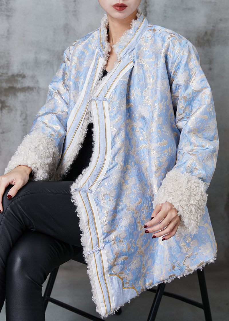 Blå Jacquard Fleece Uldforet Frakke Ydertøj Kinesisk Knapforår - Dame vinterfrakker