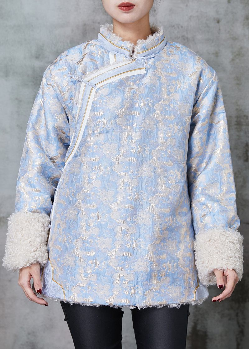 Blå Jacquard Fleece Uldforet Frakke Ydertøj Kinesisk Knapforår - Dame vinterfrakker