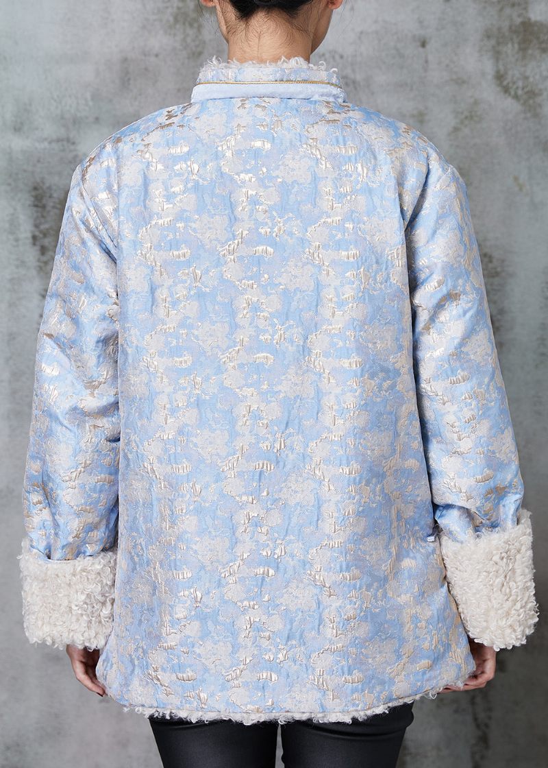 Blå Jacquard Fleece Uldforet Frakke Ydertøj Kinesisk Knapforår - Dame vinterfrakker