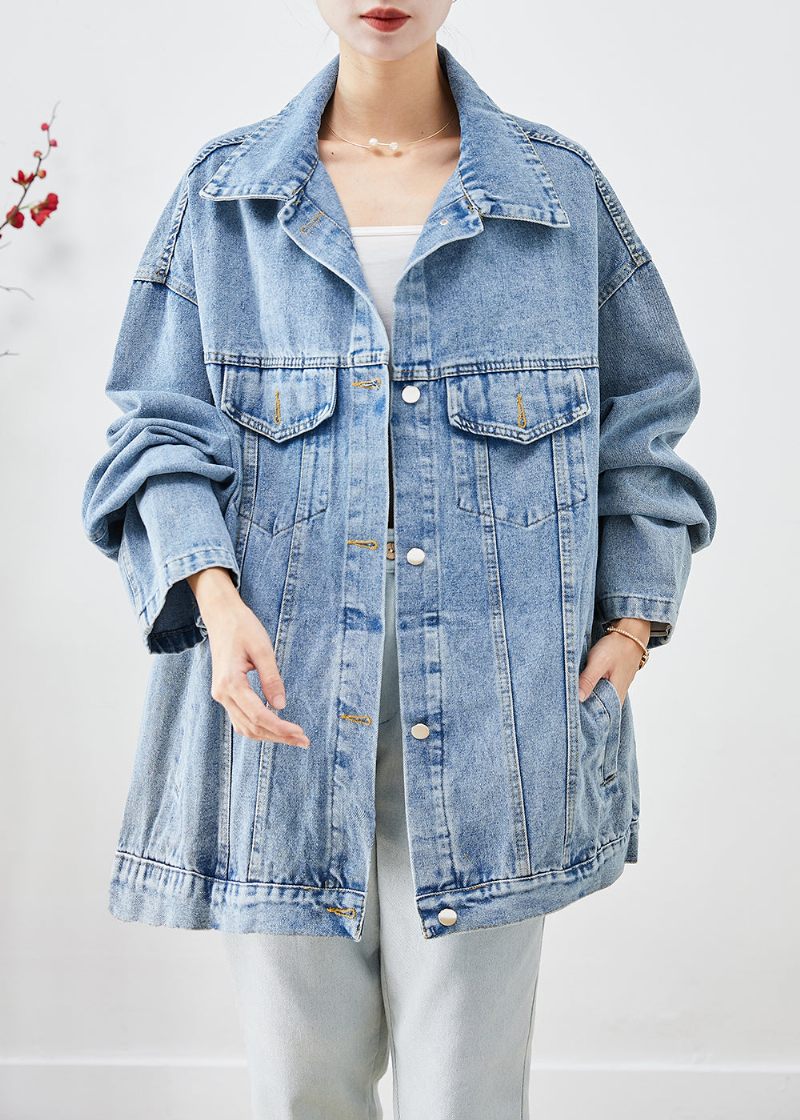 Bohemian Blue Oversized Applique Denimjakke Efterår - Dame vinterfrakker