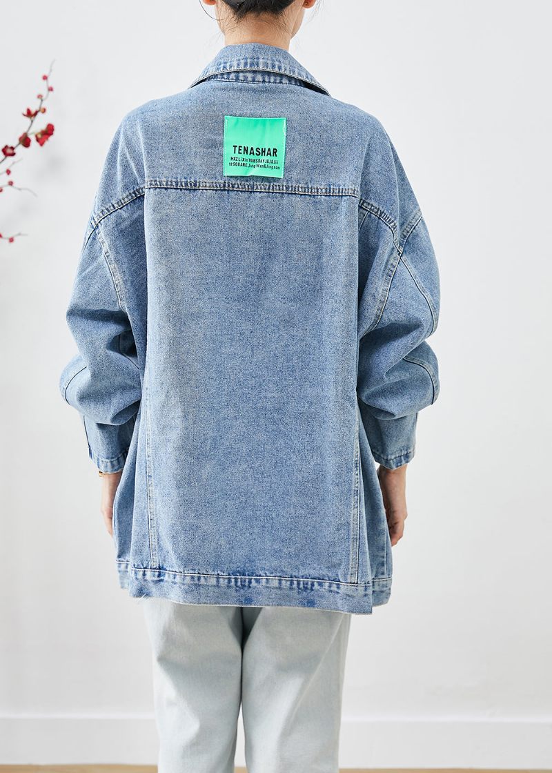 Bohemian Blue Oversized Applique Denimjakke Efterår - Dame vinterfrakker