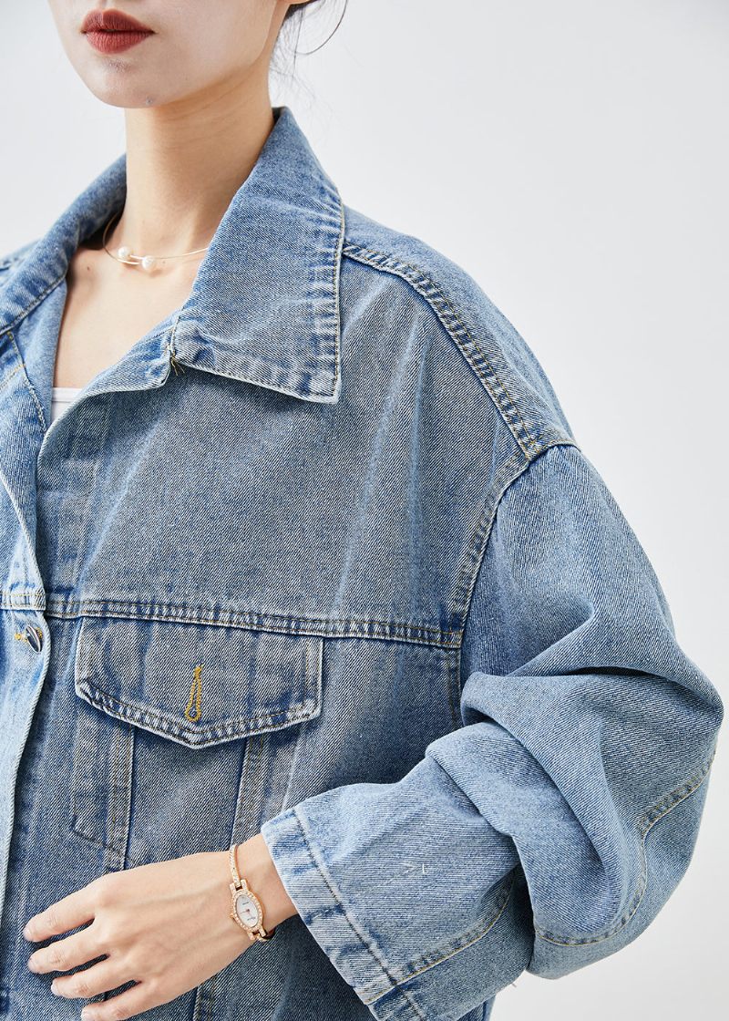 Bohemian Blue Oversized Applique Denimjakke Efterår - Dame vinterfrakker