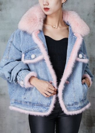 Bohemian Blue Raccoon Hårkrave Patchwork Fine Bomuldsfyldte Denimjakker Vinter
