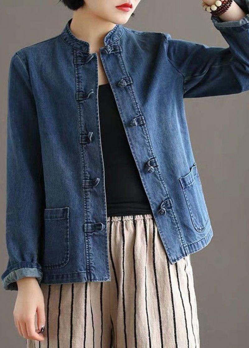 Bohemian Blue Stand Krave Lommer Patchwork Button Denim Frakker Efterår - Dame vinterfrakker