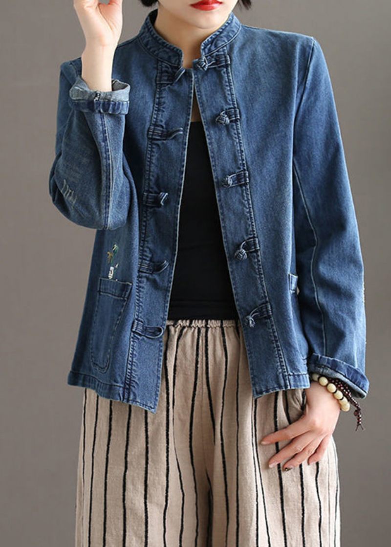 Bohemian Blue Stand Krave Lommer Patchwork Button Denim Frakker Efterår - Dame vinterfrakker