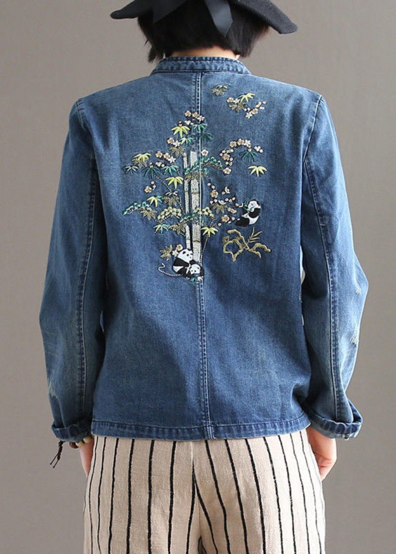 Bohemian Blue Stand Krave Lommer Patchwork Button Denim Frakker Efterår - Dame vinterfrakker